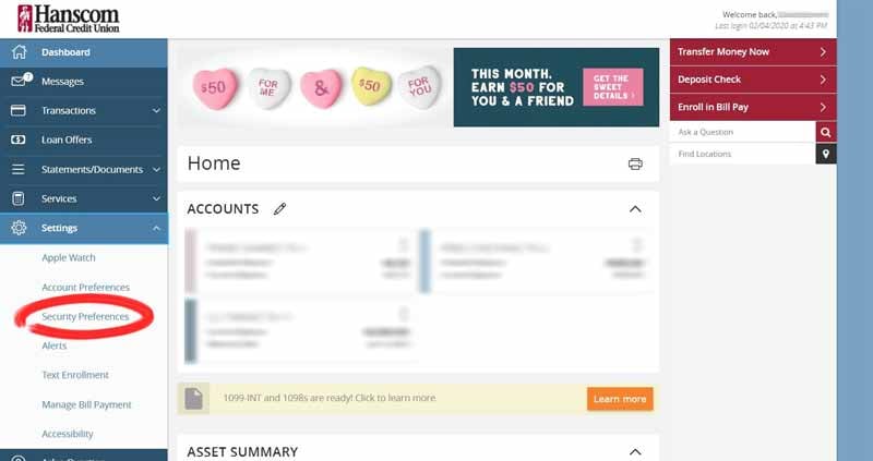 security preferences page Hanscom FCU online access