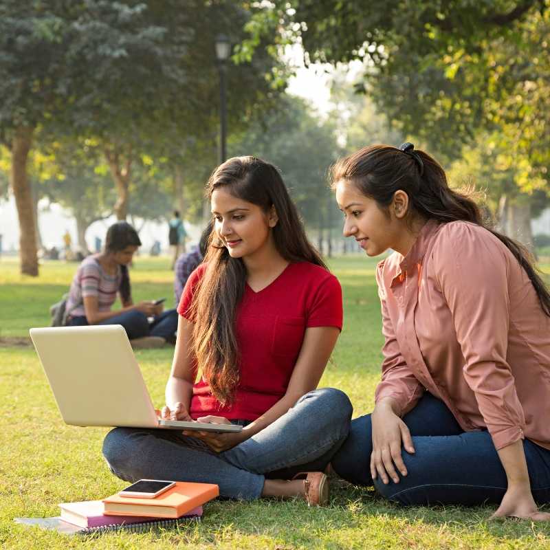 female college students looking at laptop outside on lawn